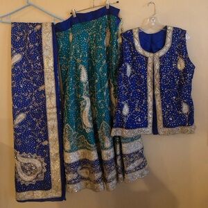 Elegant Blue green lengha dubatta and top choli vest